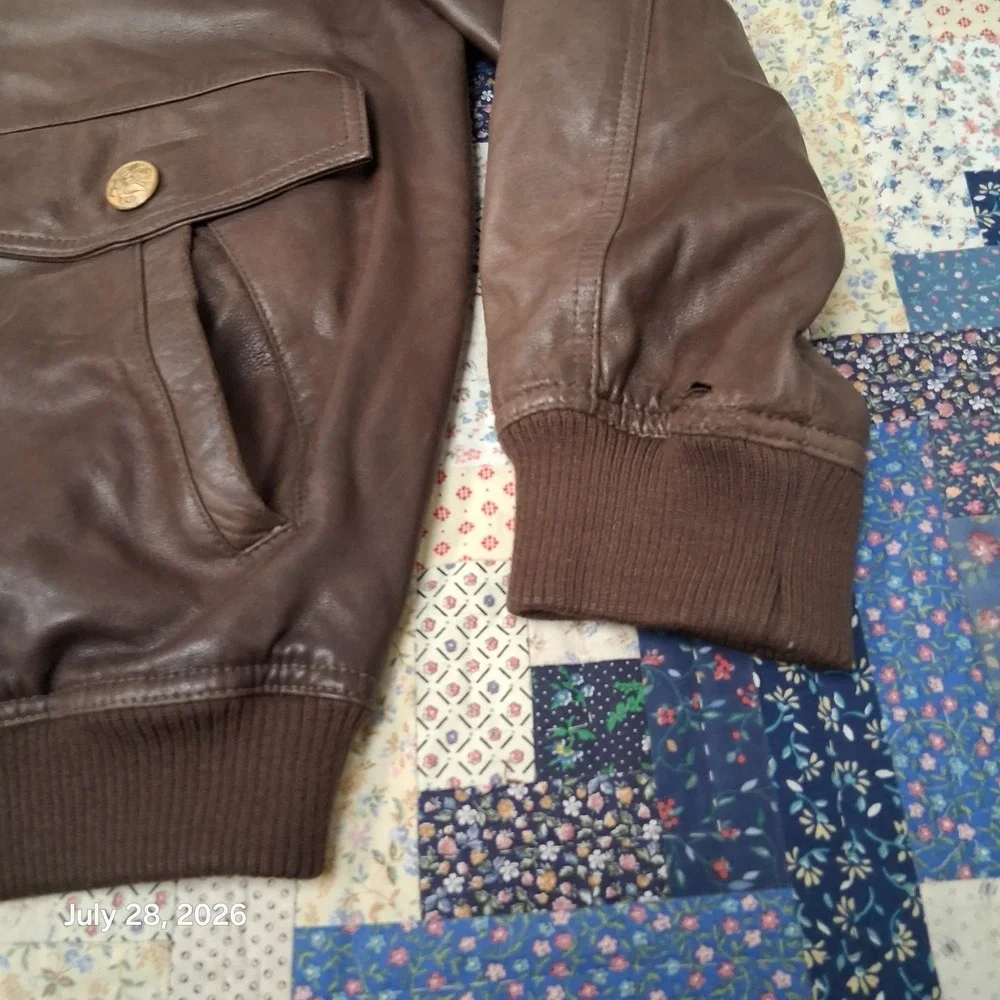 Tasso Elba Mens XL Brown Leather Bomber Jacket Full Zip Ribbed Waist Y2K Lined